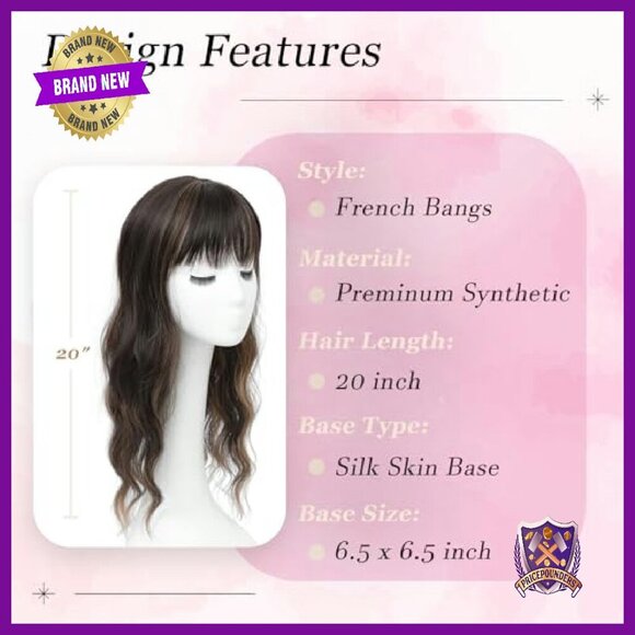 20 Inch Long Wavy Curly Hair Topper with Clip-in Bangs for Thinning Crown